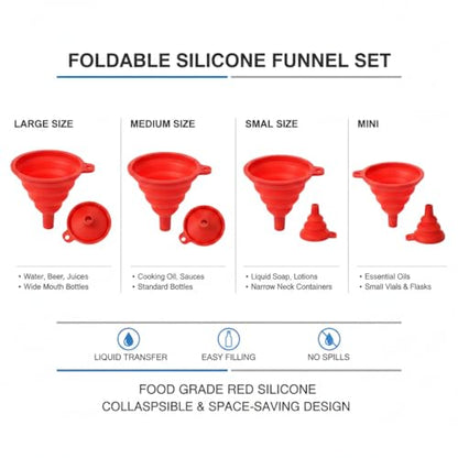 4 Pack Silicone Collapsible Kitchen Funnel for Water Beer Oil Filling Bottles ，Foldable Silicone Funnel Set – Collapsible Small & Large Funnels, Water Bottles & Liquid Transfer – Food Grade（red） - color: red
