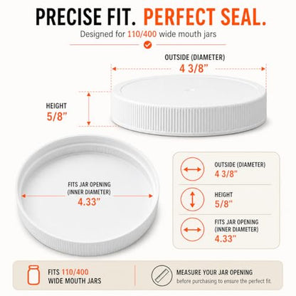110mm (4.33") Fit - 3-Pack White Plastic Lids for Most 1 Gallon Wide Mouth Jars – PE Foam Liner, Food-Grade, Leak-Resistant Caps (Jars Not Included) - color: White