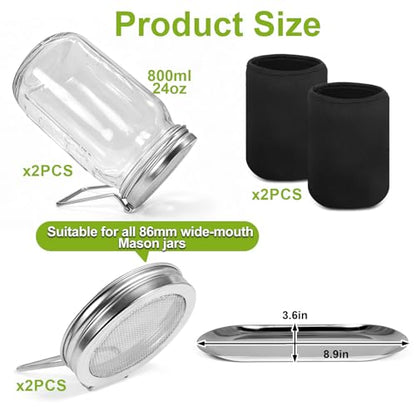 Uncle Yang Sprouting Lids Kit 2Pack Sprouting Lids for Wide Mouth Mason Jars with Stainless-Steel Sprouter Lids & Glass Mason Jars & Light-Blocking Sleeves for Broccoli, Alfalfa, Mung Bean - size: Sprouting Lids Kit 86mm
