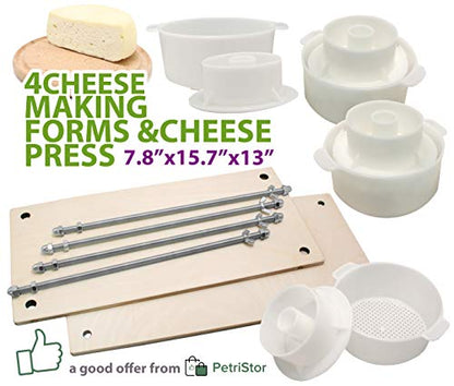 PetriStor Wooden Cheese Press for Making Supplies - 16in Metal Guides, 13in Mold With Follower Piston, 1.3Qt - Ultimate Home Cheese Press - Prensa Para Queso