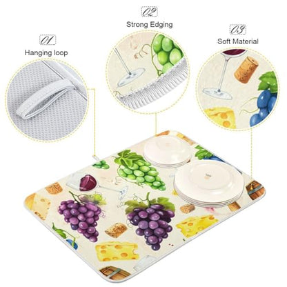 Cheese Grapes Barrel Beige Dish Drying Mat for Kitchen Counter Super Absorbent Draining Mat with Non-slip Backed Dish Drying Pad for Countertops Sinks Draining Racks Dish Bottles Cups Bowl
