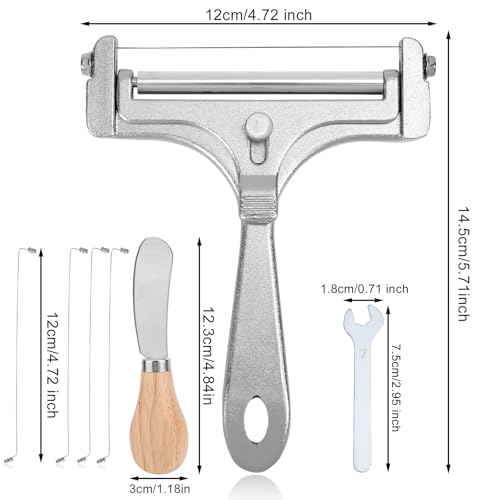 7pcs Cheese Slicer Kit, Adjustable Thickness Stainless Steel Handheld Wire Cheese Cutters with Replacement Wires Wrench Butter Knife Practical Kitchen Tools for Block Butter