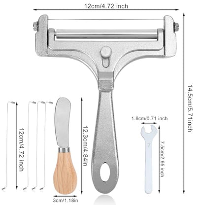 7pcs Cheese Slicer Kit, Adjustable Thickness Stainless Steel Handheld Wire Cheese Cutters with Replacement Wires Wrench Butter Knife Practical Kitchen Tools for Block Butter