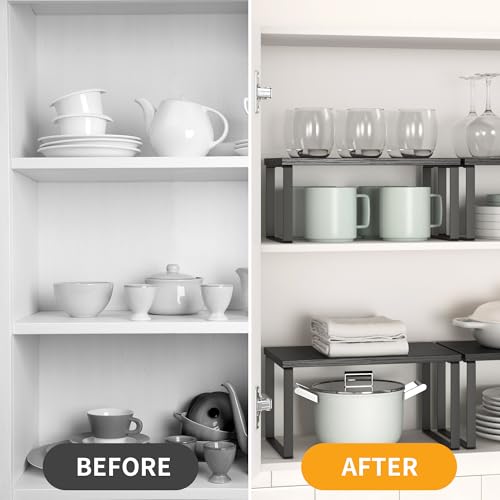 Kitchen Cabinet Organizer Shelf Set of 4, Sturdy Kitchen Counter Shelves with Metal Legs, Stackable Expandable Wood Spice Rack Pantry Cupboard Dish Mug Cup Storage Organizer Shelf, Black - color: Black