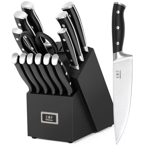 WANGMAZI 15 Pcs Knife Set with Block, Dishwasher Safe Kitchen Knife Set with Built in Sharpener Block, High Carbon Stainless Steel Dishwasher Safe Knives with Ergonomic Handles for Chef, Black Pro - color: 04-Black Pro