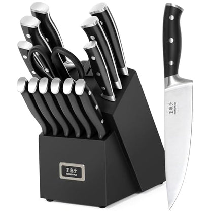 WANGMAZI 15 Pcs Knife Set with Block, Dishwasher Safe Kitchen Knife Set with Built in Sharpener Block, High Carbon Stainless Steel Dishwasher Safe Knives with Ergonomic Handles for Chef, Black Pro - color: 04-Black Pro