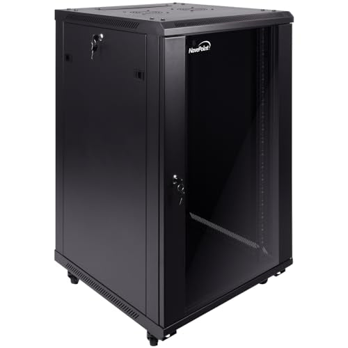 NavePoint 18U Server Cabinet Wall Mount Rack Enclosure with Caster Wheels, 2 Fans, Locking Glass Door, Removable Side Panels – 18U Network Cabinet 23.6” Deep, 19” Server Rack for IT Equipment - size: 18U - 600mm Depth
