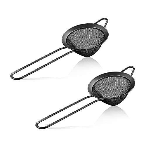 Black Small Strainer Set of 2, E-far 3.3 Inches Stainless Steel Fine Mesh Sieve with Long Handle, Metal Conical Strainers for Tea Cocktail Coffee Food, Rust Proof & Easy to Clean - color: Black-2