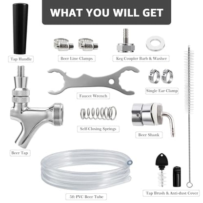 Draft Beer Faucet Beer Line Shank Kit Kegerator Parts Beer Tower Dispenser Replacement Set Self-Closing Beer Tap Wrench I.D.3/16” Beer Tubing 1/4”Keg Coupler Barb Cleaning Brush Tap Cover