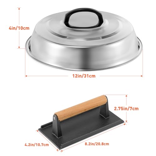 BBQ Accessories 12 Inch Round Stainless Steel Basting Cover - Cheese Melting Dome Rectangle Cast Iron Grill Press Kit for Hamburger Bacon Steak, Best for Blackstone Camp Chef Flat Top Griddle Grill - color: Rectangle Press