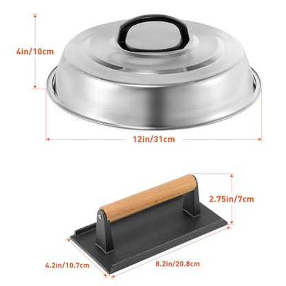 BBQ Accessories 12 Inch Round Stainless Steel Basting Cover - Cheese Melting Dome Rectangle Cast Iron Grill Press Kit for Hamburger Bacon Steak, Best for Blackstone Camp Chef Flat Top Griddle Grill - color: Rectangle Press