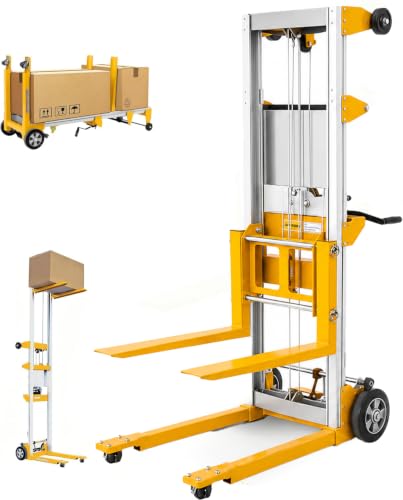 122" Material Lift Winch Stacker, 400 lbs Capacity Manual Material Lifts, Fixed Straddle Material Lifter, Hand Winch Lift Trucks for Warehouse, Factory, Lightweight, 34.60"L x 24.80"W, Yellow - color: Yellow