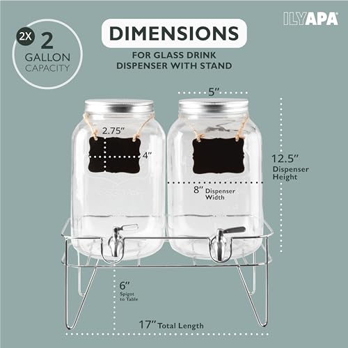 Ilyapa 2 Gallon Drink Dispenser, 2 Pack with Metal Base, Stainless Steel Spigot - Drink Dispensers for Parties, Beverages Such As Lemonade, Tea, Water - size: 2 Gallon Double Dispenser with Stand