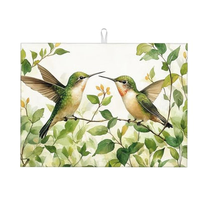 Green Hummingbird Dish Drying Mat for Kitchen Counter Microfiber Super Absorbent Non-Slip Dish Drying Pad for Countertops Dishes Utensils Stylish Quick-Dry Machine Washable 18x24 Inch - color: Green Plants Hummingbird