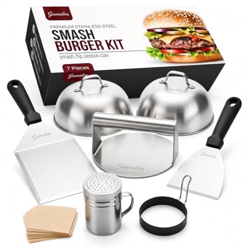 Gamalou® 7 Pcs Smash Burger Press Kit: Stainless Steel Burger Smasher, 6x5" Spatula, 4" Scraper, 2 Melting Domes, Seasoning Shaker, Egg Ring, Griddle Accessories for Blackstone, Grill, Frying Pan