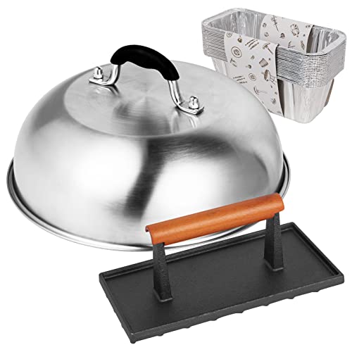 SHINESTAR Cast Iron Griddle Press with 12-Inch Melting Dome for Blackstone, Perfect for Bacon, Burger, Panini, Come with 20-Pack Grease Cup Liners - size: Rectangle