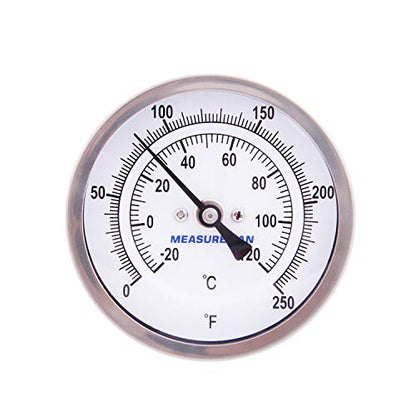MEASUREMAN Fully Stainless Steel Pot, Kettle, Brewing Bimetal Thermometer, 3" Dial, 2-1/2" Stem, 0-250 deg F/-20-120 deg C, -1% Accuracy, Adjustable, 1/2" NPT Back Mount - size: 0-250 deg F/-20-120 deg C, style: 2-1/2" Stem