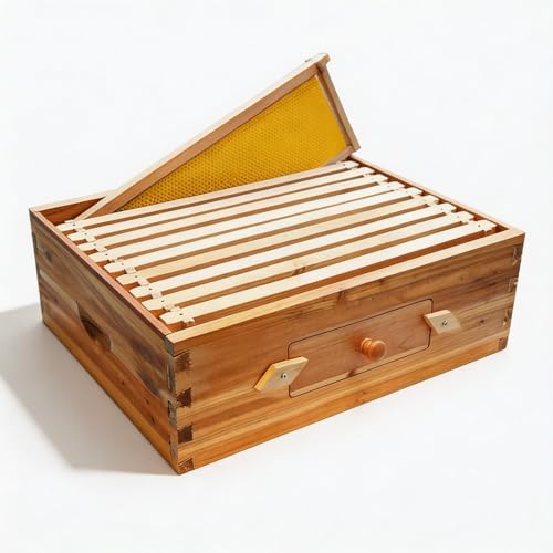 10-Frame Langstroth-Style Medium Hive Box with Viewing Window & Ventilation | Weather-Resistant Cedar Wood, Natural Beeswax Coated | Easy Dovetail Assembly Beehive Super for Beekeeping Supplies