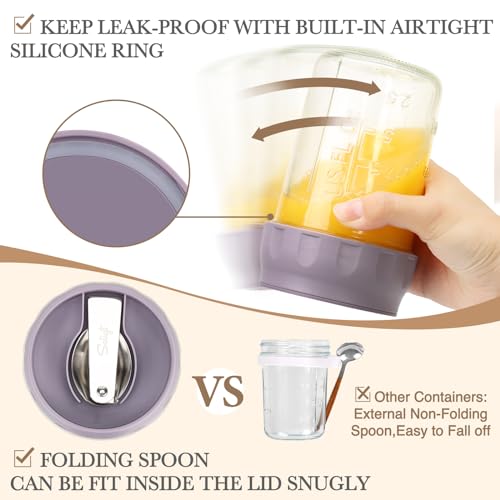 SOLIGT 2 Pack Overnight Oats Containers with Lids, Folding Spoons and Divided Compartments for Fruit & Nuts, Small Glass 16oz Mason Jars for Oatmeal Yogurt Parfait - color: 2 Set-Oat White/Wisteria Purple