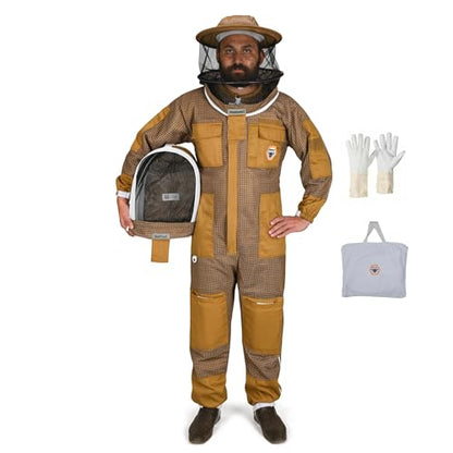 Beekeeping Suit Ventilated 3 Layer Ultra with Total Protection with Safety Fencing for Professional Beekeeping Supplies with Carrying Bag (BP-311-Brown)-XXL - color: Brown, size: 2XL
