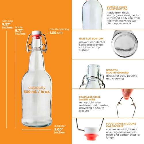 FastRack 2 Pack Clear Swing Top Glass Bottles (16oz/500ml) | Heavy Duty Flip Top Fermenting Bottles | Reusable Airtight Grolsch-Style Glass for Kombucha, Beer, Juice & Infusions - color: Clear