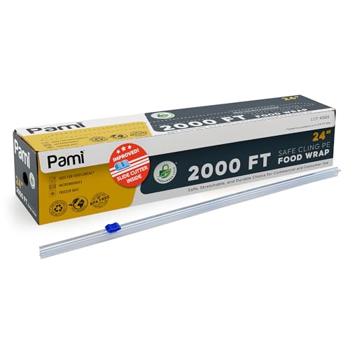 PAMI Plastic Food Wrap 24” x 2000 FT with Slide Cutter – Safe Cling Stretch Film, BPA Free, Microwave & Freezer Safe, Durable Food Storage Wrap for Home & Commercial Use - size: 24 " x 2000ft