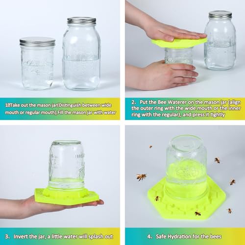 Reallnaive 2 Pcs Bee Watering Station for Garden, Bee Feeder for Mason Jar Compatible with Regular and Wide Mouth, Silicone Sugar Waterer Feeder for Hive Beekeeping Outside(Yellow)