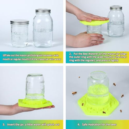 Reallnaive 2 Pcs Bee Watering Station for Garden, Bee Feeder for Mason Jar Compatible with Regular and Wide Mouth, Silicone Sugar Waterer Feeder for Hive Beekeeping Outside(Yellow)