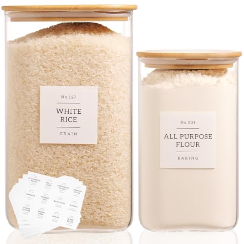 2 Pack large Square Glass Flour and Sugar Containers with 132 Kitchen Pantry Labels - 149 floz & 71 floz - Glass Jars with Airtight Bamboo Lid - Glass Rice Canisters for Coffee, Pasta, Cookie, Cereal - size: 149oz/71oz