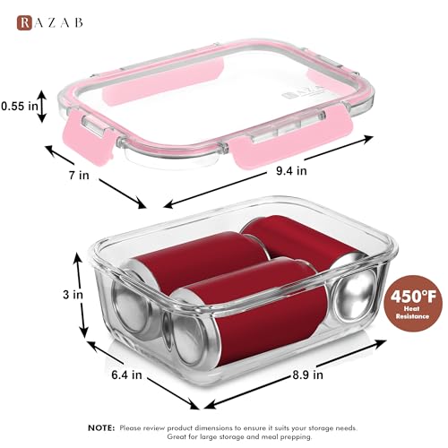 Razab 2 Pcs 1860ml / 63 Oz Large Glass Food Storage Containers with Lids - Glass Meal Prep Containers with Locking Lids for Roasting, Storing Leftover, Lunch Container, BPA Free, Microwave & Oven Safe - color: Pink