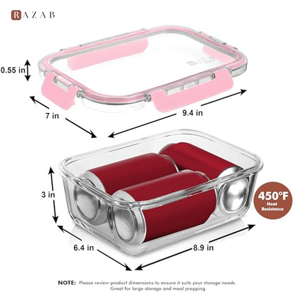 Razab 2 Pcs 1860ml / 63 Oz Large Glass Food Storage Containers with Lids - Glass Meal Prep Containers with Locking Lids for Roasting, Storing Leftover, Lunch Container, BPA Free, Microwave & Oven Safe - color: Pink
