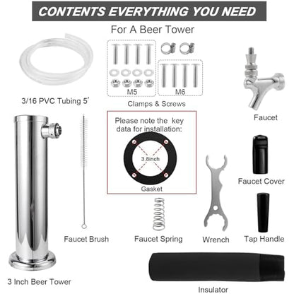 Kegerator Tower Single Faucet Beer Tower Beer Tap Beer Facet Tower Beer Tap Dispenser Stainless Steel Tower Brass Faucet Stainless Core Beer Tap Preassembled Line Keg Tower 3" Kegerator Tower for beer - size: Single Tap-Brass Faucets