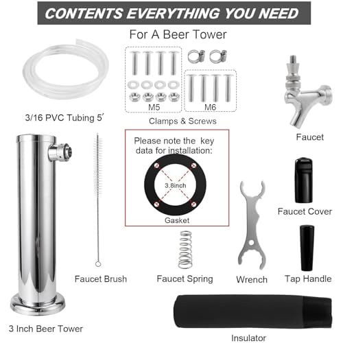 Kegerator Tower Single Faucet Beer Tower Beer Tap Beer Facet Tower Beer Tap Dispenser Stainless Steel Tower Brass Faucet Stainless Core Beer Tap Preassembled Line Keg Tower 3" Kegerator Tower for beer - size: Single Tap-Brass Faucets