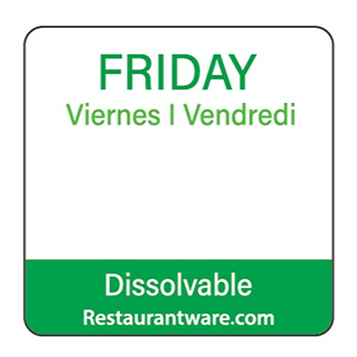Restaurantware RW Smart 1 Inch x 1 Inch Food Rotation Labels 500 Dissolvable Food Safety Labels - Premium Trilingual Green Paper Day Of The Week Labels For Food Storage Or Prep Friday - style: Friday