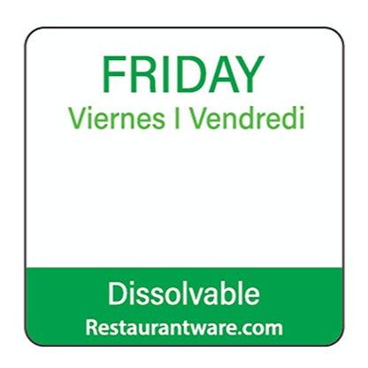 Restaurantware RW Smart 1 Inch x 1 Inch Food Rotation Labels 500 Dissolvable Food Safety Labels - Premium Trilingual Green Paper Day Of The Week Labels For Food Storage Or Prep Friday - style: Friday