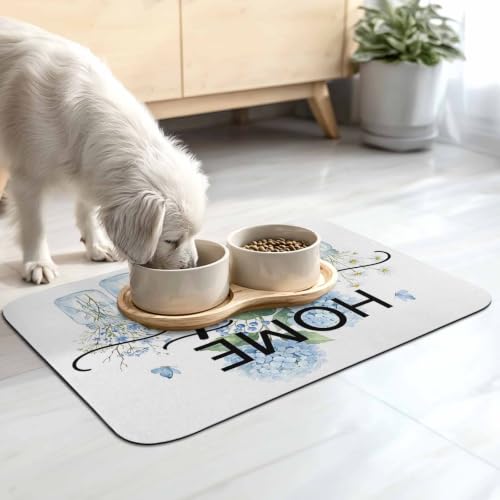 Botanical Flowers Dish Drying Mat for Kitchen Counter, Absorbent Quick Dry Coffee Bar Mat Pad Thin Diatomaceous Sink Mats, Sky Blue Hydrangea Florals Butterflies Non Slip Dish Drainer Mats 16''x24'' - size: 24" x 16"