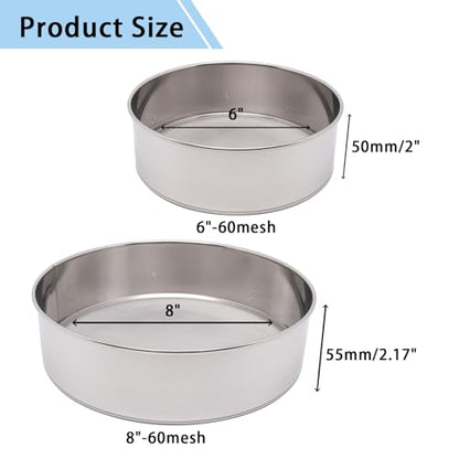 Flour Sifter for Baking 2 Pack, Round Flour Sifter Stainless Steel 6 Inch 60 Mesh and 8 Inch 60 Mesh Sieve Fine Meshs Flours Sieve Set for Baking Cake Bread Pastries - size: 6in & 8in 60 Mesh
