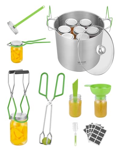 VEVOR Canning Supplies Starter Kit, 9 Pieces Stainless Steel Water Bath Canning Kit for Beginners, Canning Tools Set: Pot, Rack, Lid, Funnel, Tongs, Jar Lifter, Wrench, Magnetic Wand, Bubble Propper - size: 21QT+8PCS