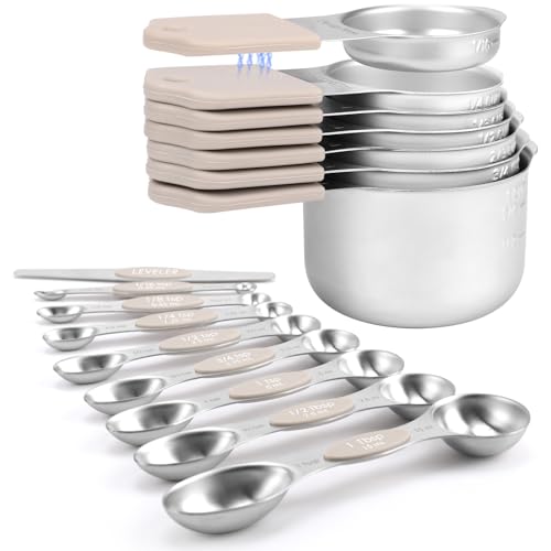 Magnetic Measuring Cups and Spoons Set-Heavy Duty 304 Stainless Steel，Double Measurement Markings，Set of 16 with Leveler for Measure Dry and Liquid Ingredients (khaki) - color: Khaki