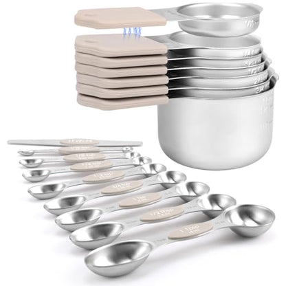 Magnetic Measuring Cups and Spoons Set-Heavy Duty 304 Stainless Steel，Double Measurement Markings，Set of 16 with Leveler for Measure Dry and Liquid Ingredients (khaki) - color: Khaki