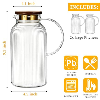 Buaic 2 PACK Glass Pitcher with Lid and Widened Handle, 68oz/ 2 Liter Classic Vertical Stripes Water Pitcher with Wooden Lids,Glass Water Carafe for Cold Brew, Coffee,Iced Sun Tea,Beverage,Hot/Cold - color: Clear, size: 2L-Wooden Lids