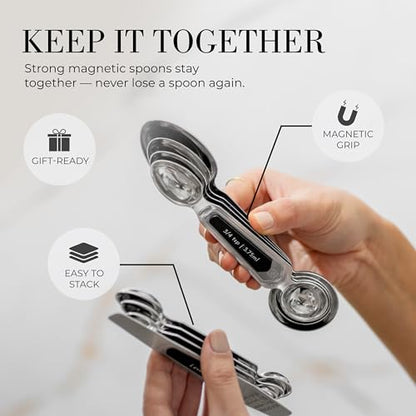 Stainless Steel Magnetic Measuring Spoons Set - 8-Piece Heavy Duty Metal, BPA-free, Stackable, Double Sided Measuring Spoons with Leveler for Dry and Liquid Ingredient - Fits in Spice Jars - color: Black & Silver