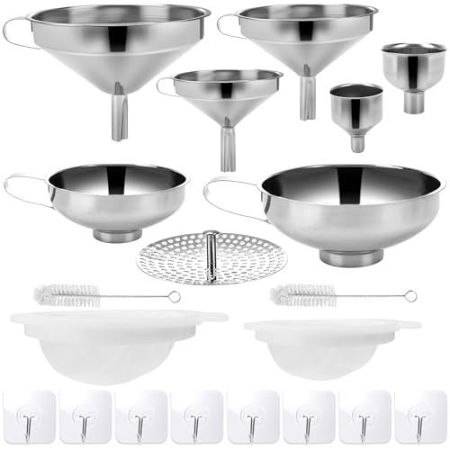 20 Pcs Canning Funnels Stainless Steel Wide and Narrow Mouth Strainer for Regular Mason Jar Filling Kitchen Use with Mesh Filter Brush Hook Metal Food Funnel Supplies Kit