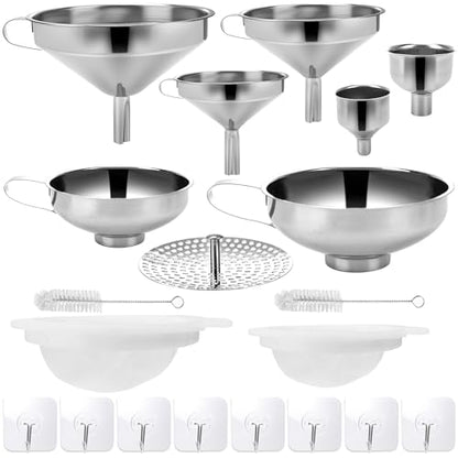 20 Pcs Canning Funnels Stainless Steel Wide and Narrow Mouth Strainer for Regular Mason Jar Filling Kitchen Use with Mesh Filter Brush Hook Metal Food Funnel Supplies Kit