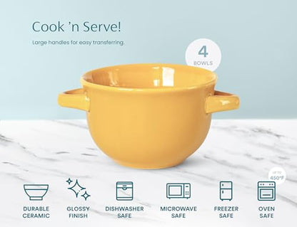 KooK French Onion Soup Bowls, Crocks, Oven Safe Bowls, Soup Mugs, Ceramic Bowls, Dishwasher, Microwave, Set of 4, 18 oz (Yellow) - color: Yellow