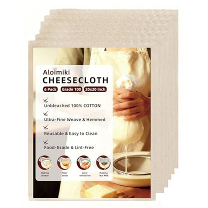 6-Pack Cheesecloth 20x20" Grade 100-100% Unbleached Cotton (Food-Grade), Fine Filtration for Silky Nut Milk & Safe Cheese Making, Reinforced Edges No Lint