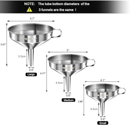 Stainless Steel Funnel, Walfos 3 Pack Kitchen Funnel with 2 Removable Strainer ＆ 1Pcs Cleaning Brush, Perfect for Transferring of Liquid, Oils, Jam, Dry Ingredients & Powder - color: 3pcs funnel 5.7+4.9+4.1 inch