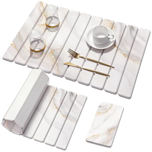 Large Stone Dish Drying Mat for Kitchen Counter,Quick Dry Stone Dishes Mats,Marbled Water Absorbing Diatomaceous Earth Drying Pad for Countertop Bottles Utensils Cups(Yellow White 24"x16"&8"x4") - color: Yellow White, size: 24" x 16"