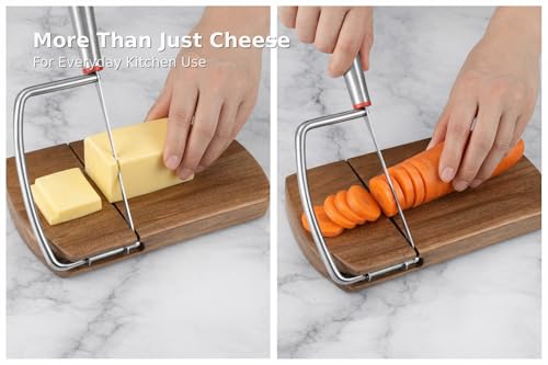 Cheese Slicer with Acacia Wood Board and Stainless Blade | Acacia wood base, stainless steel blade, for block cheese, butter, deli meat and charcuterie serving.
