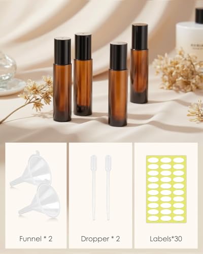 Worldgsb 25 Pack Essential Oil Roller Bottles, 10ml Refillable Amber Glass Roller Bottles with Stainless Steel Roller Balls and Caps for Travel, Perfume and Lip Gloss - color: Amber, style: 25 Pack